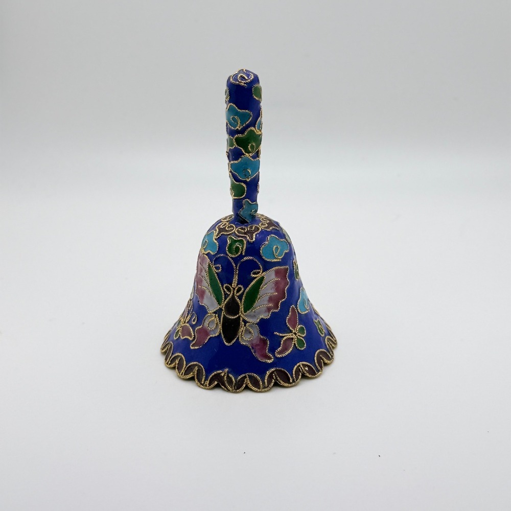 Vintage Cloisonne Enamel Bell Cobalt Blue Butterfly Floral Scalloped Gold Trim
